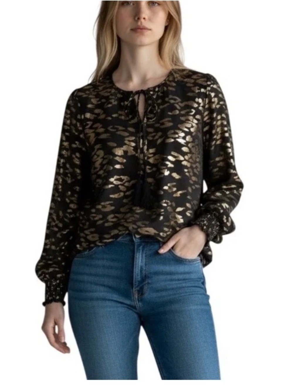 Evereve Black and Gold Metallic Patterned Blouse With Sheer Long Sleeves - XS